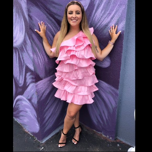 pink ruffle one shoulder dress